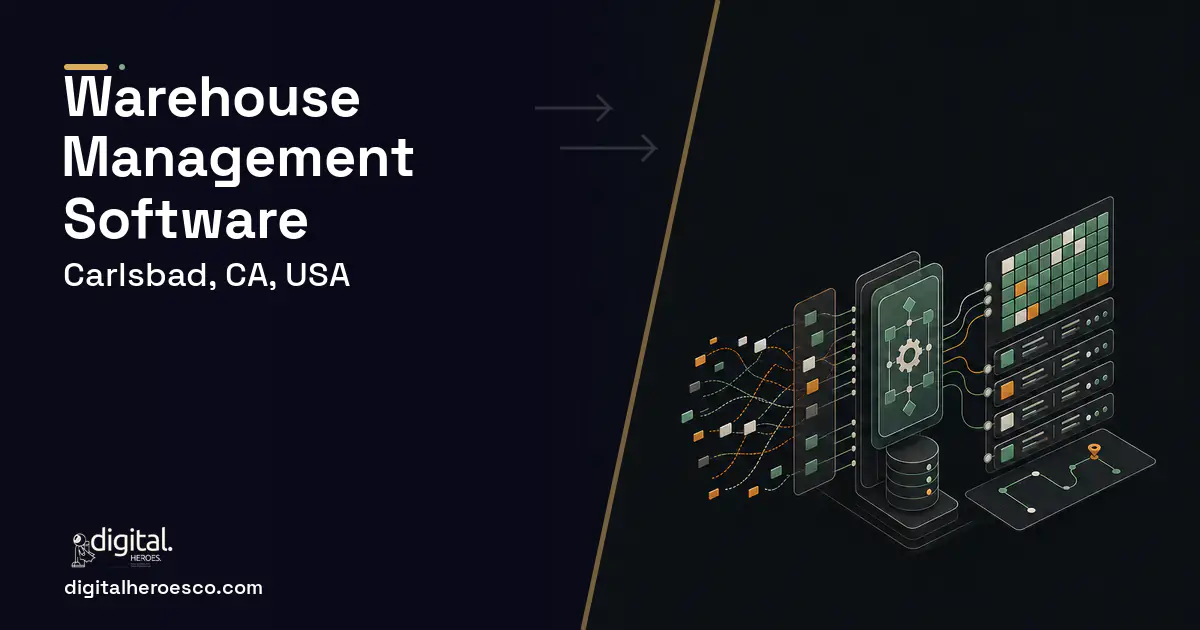 Warehouse Management Software workflow illustration for Carlsbad, CA, USA.