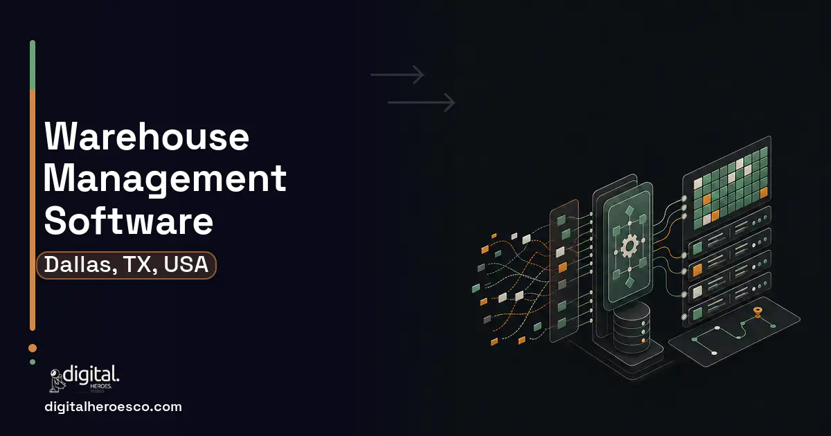 Warehouse Management Software workflow illustration for Dallas, TX, USA.