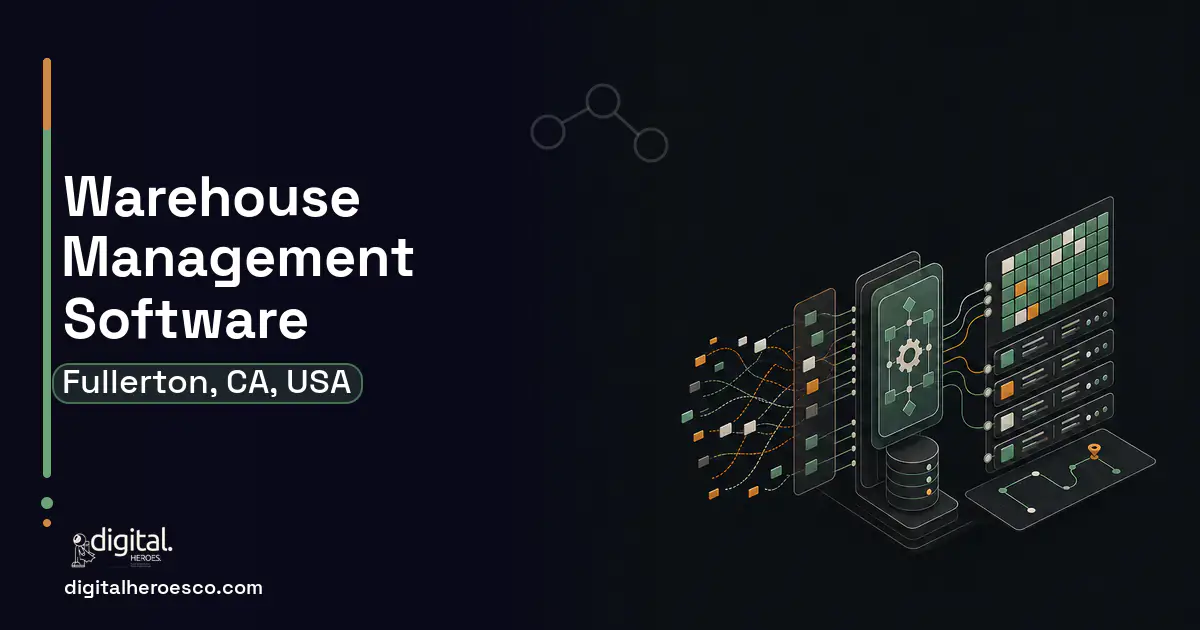 Warehouse Management Software workflow illustration for Fullerton, CA, USA.