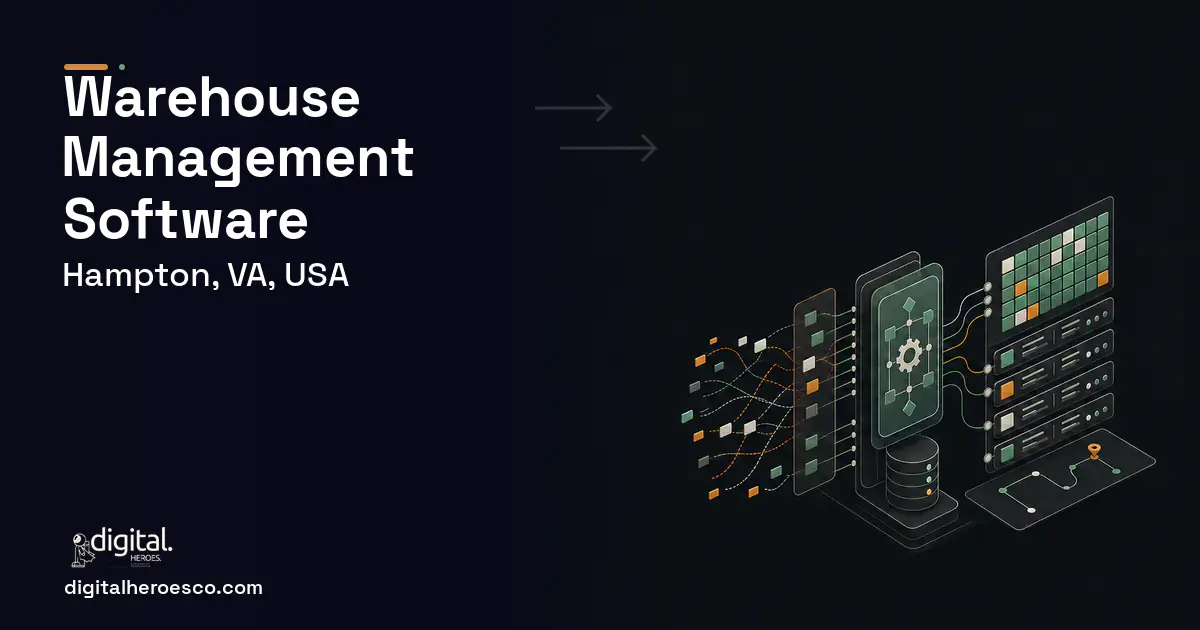 Warehouse Management Software workflow illustration for Hampton, VA, USA.