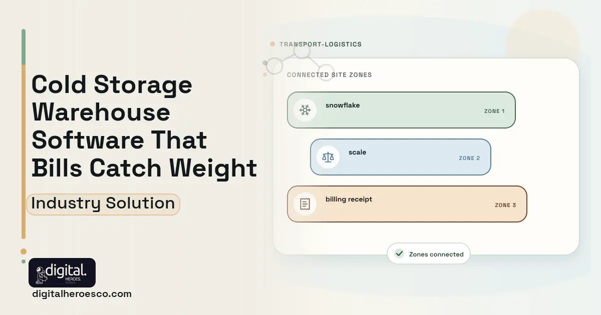 Cold Storage Warehouse software visual showing snowflake, scale, and billing receipt.