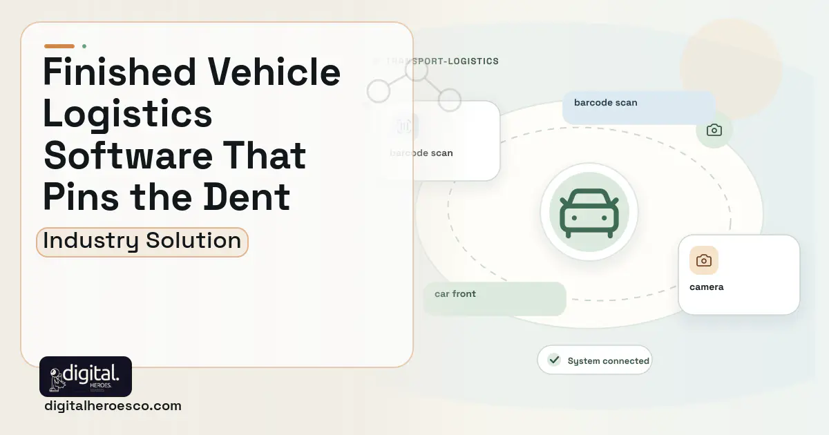 Finished Vehicle Logistics software visual showing car front, barcode scan, and camera.