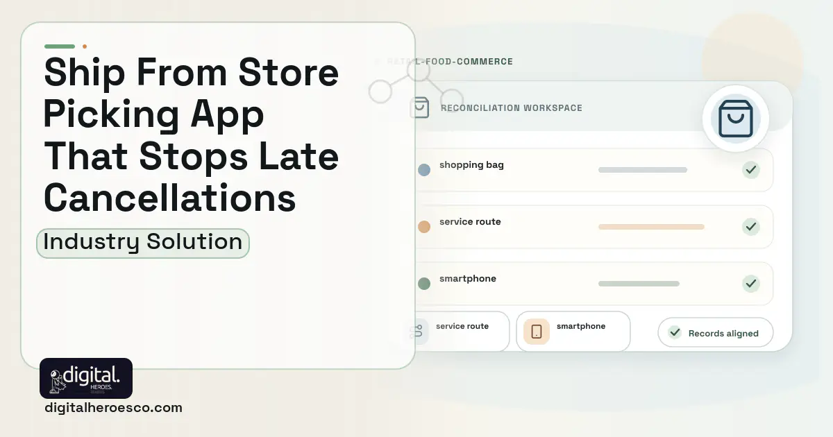 Store Fulfillment software visual showing shopping bag, service route, and smartphone.