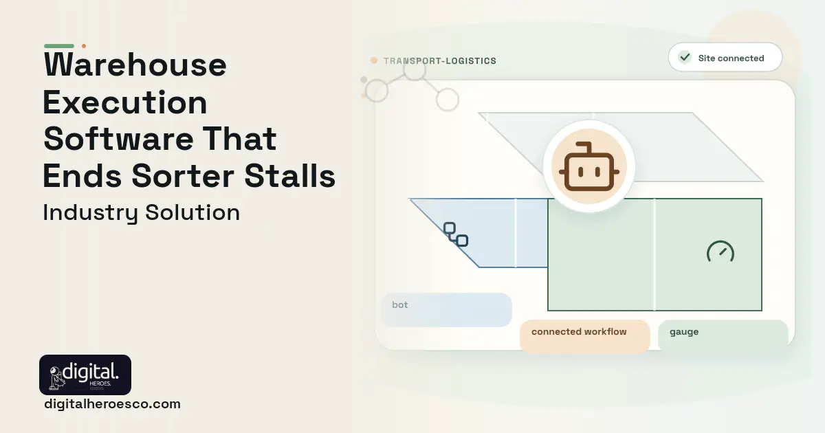 Warehouse Execution System software visual showing bot, connected workflow, and gauge.