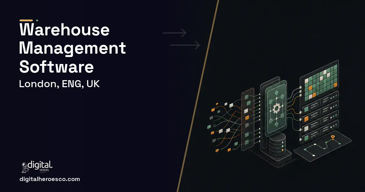 Warehouse Management Software workflow illustration for London, ENG, UK.