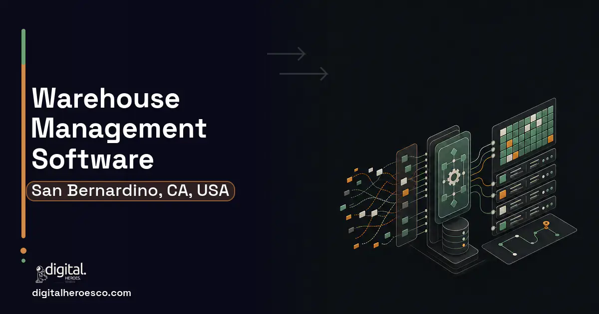 Warehouse Management Software workflow illustration for San Bernardino, CA, USA.