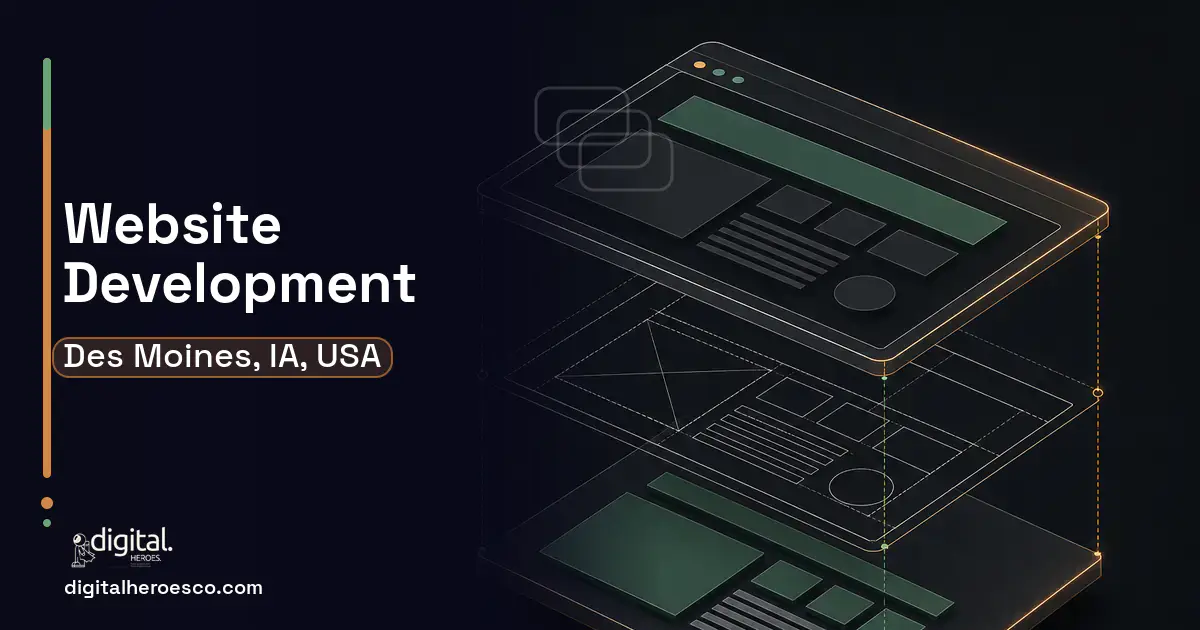 Website Development software overview illustration for Des Moines, IA, USA.