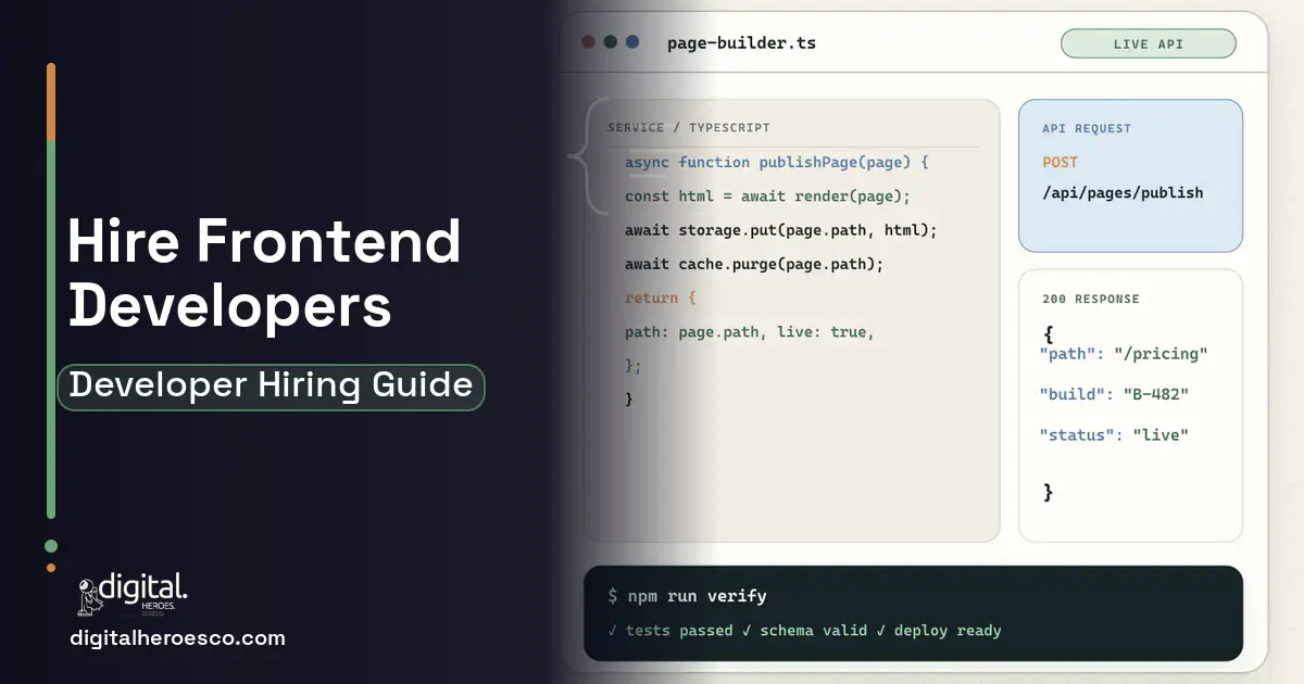 Website Development code editor and API illustration for Hire Frontend Developers.