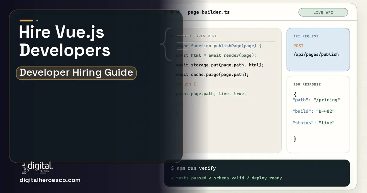 Website Development code editor and API illustration for Hire Vue.js Developers.