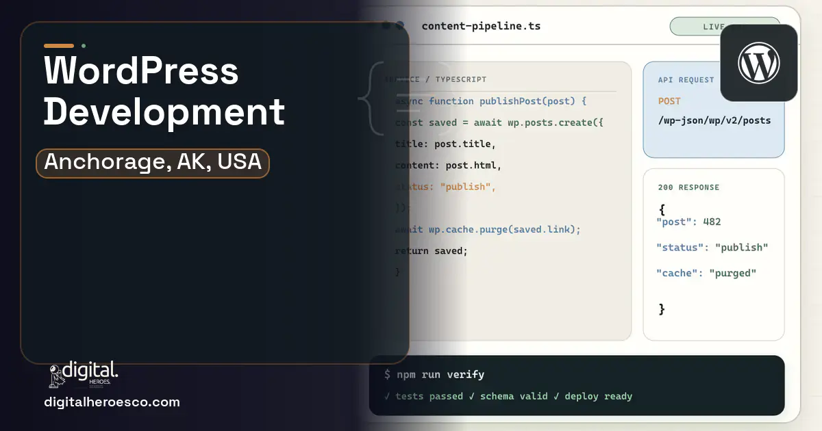 WordPress Development code editor and API illustration for Anchorage, AK, USA.