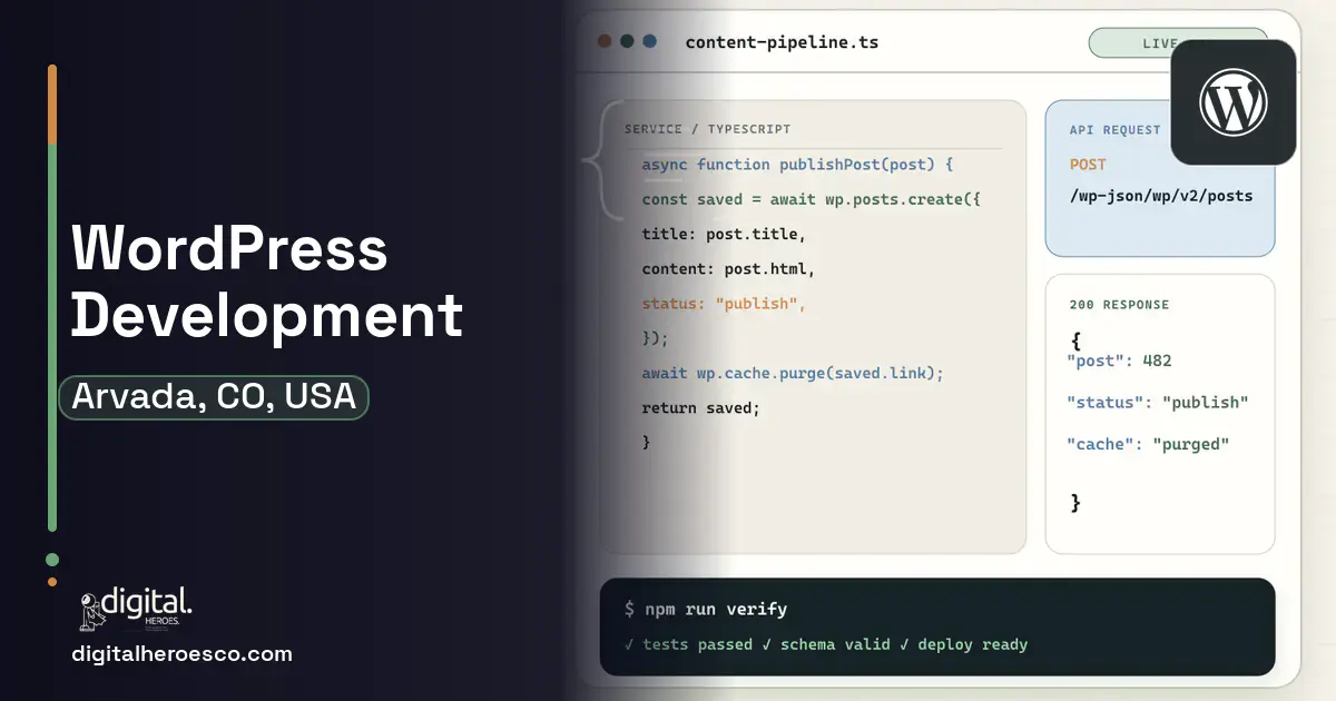 WordPress Development code editor and API illustration for Arvada, CO, USA.