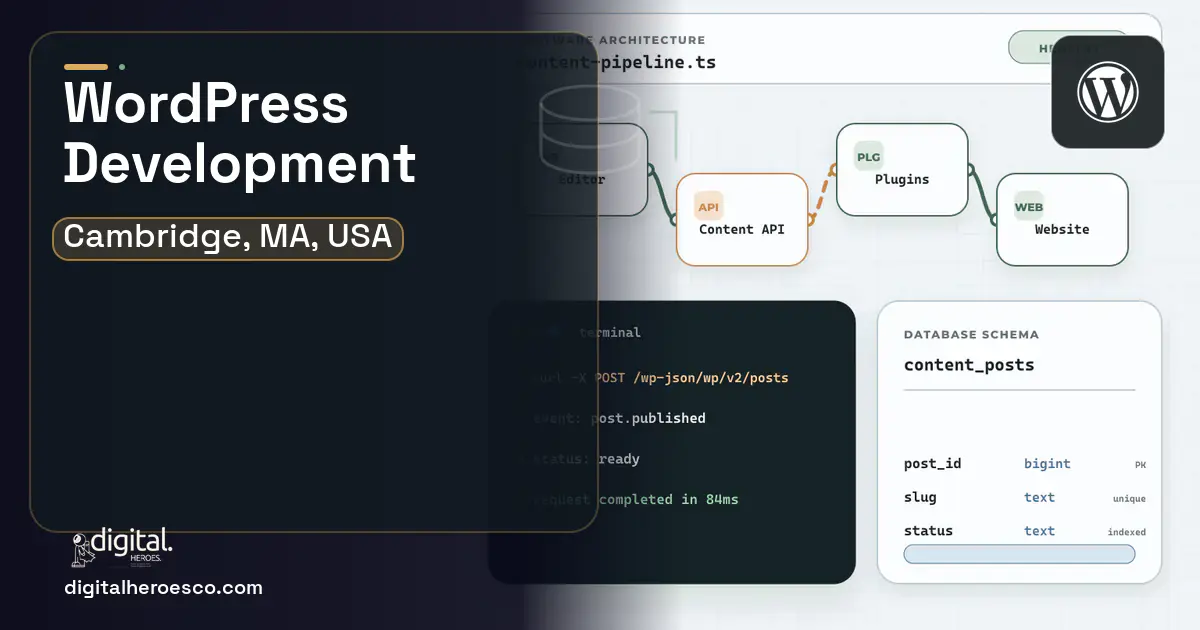 WordPress Development architecture and database illustration for Cambridge, MA, USA.