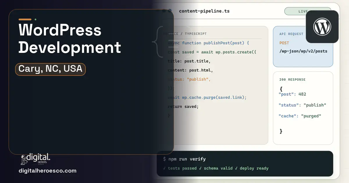WordPress Development code editor and API illustration for Cary, NC, USA.