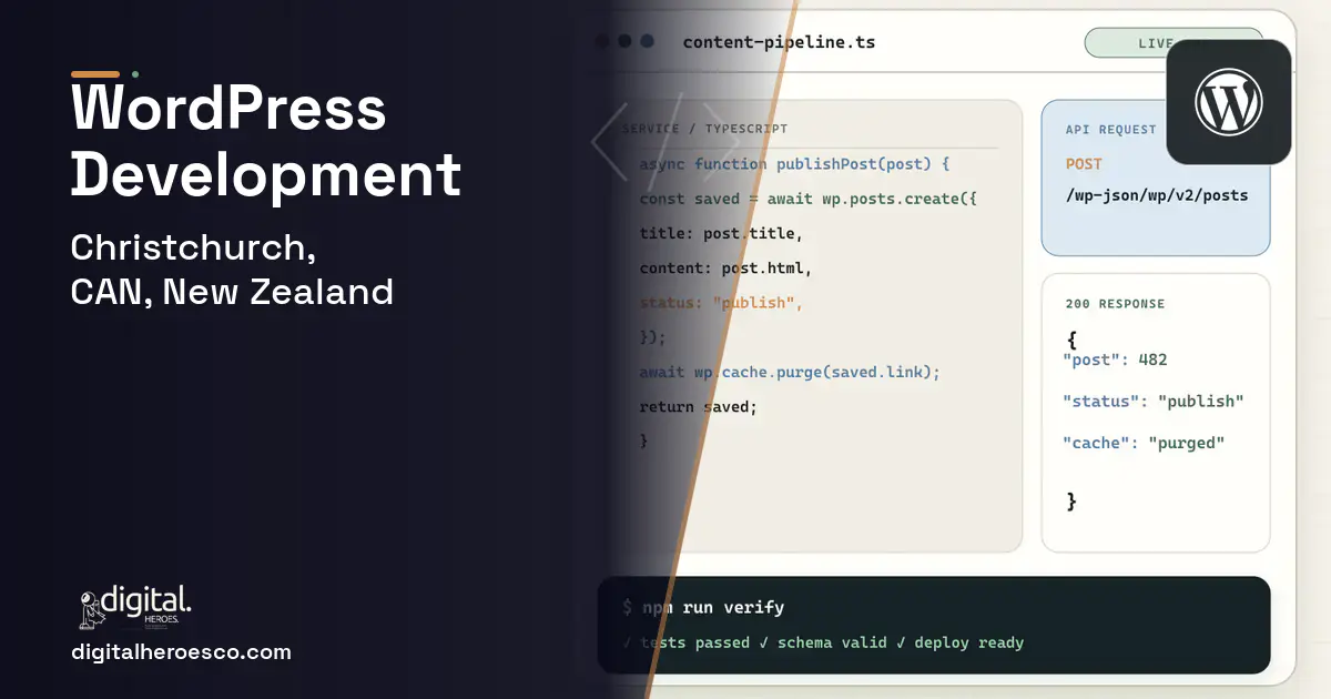 WordPress Development code editor and API illustration for Christchurch, CAN, New Zealand.