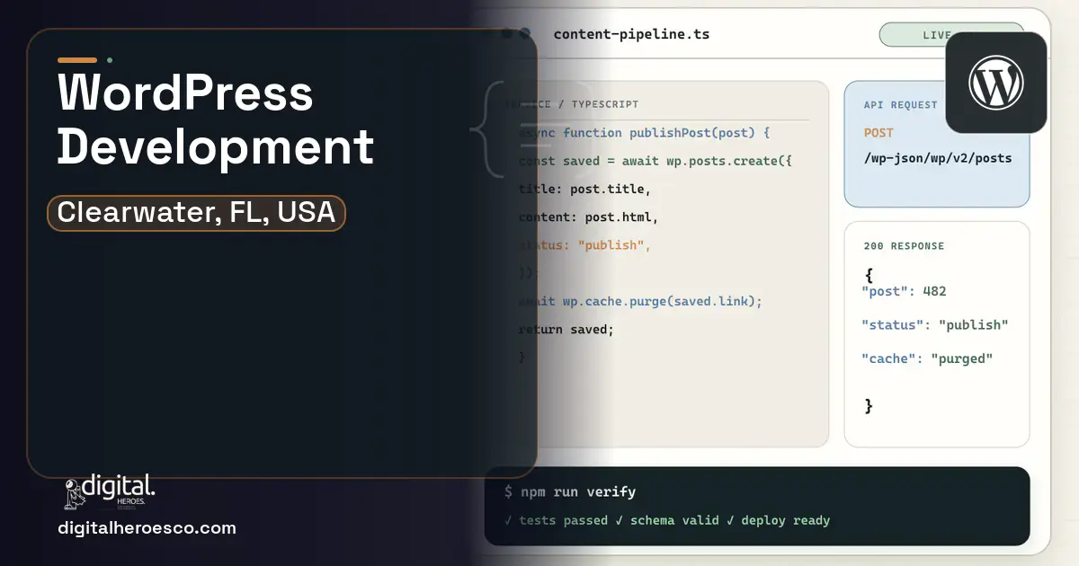 WordPress Development code editor and API illustration for Clearwater, FL, USA.