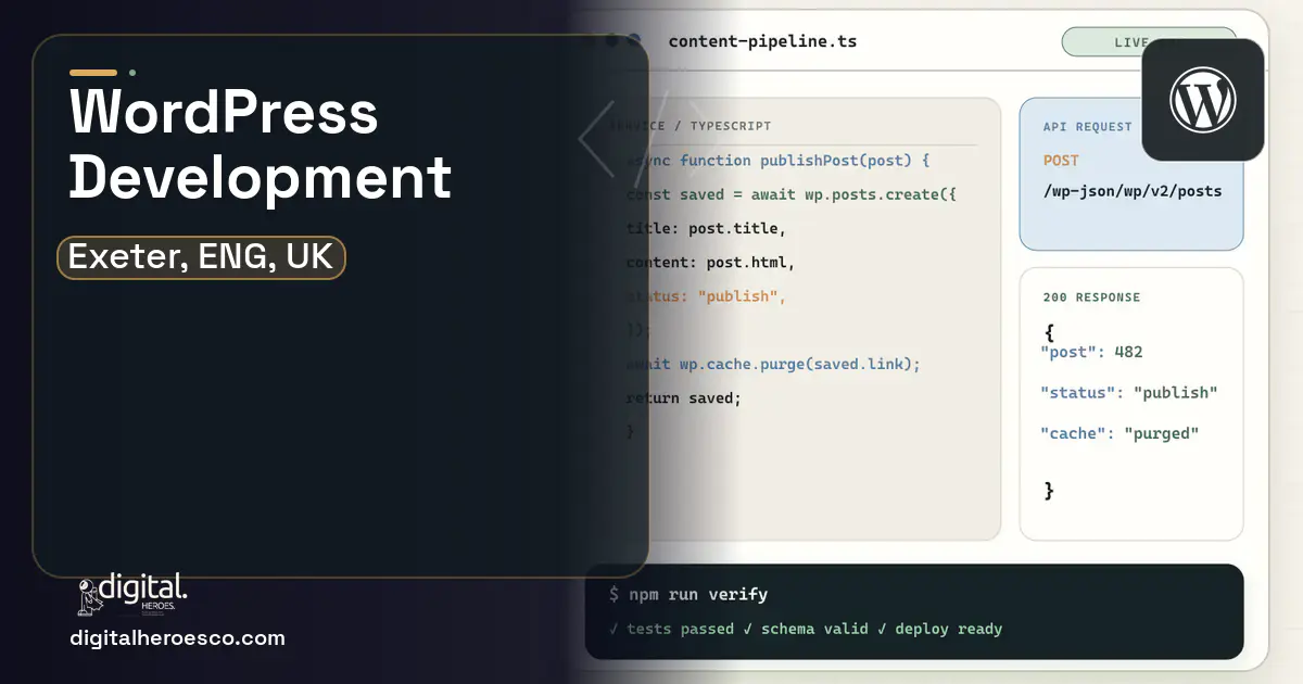 WordPress Development code editor and API illustration for Exeter, ENG, UK.