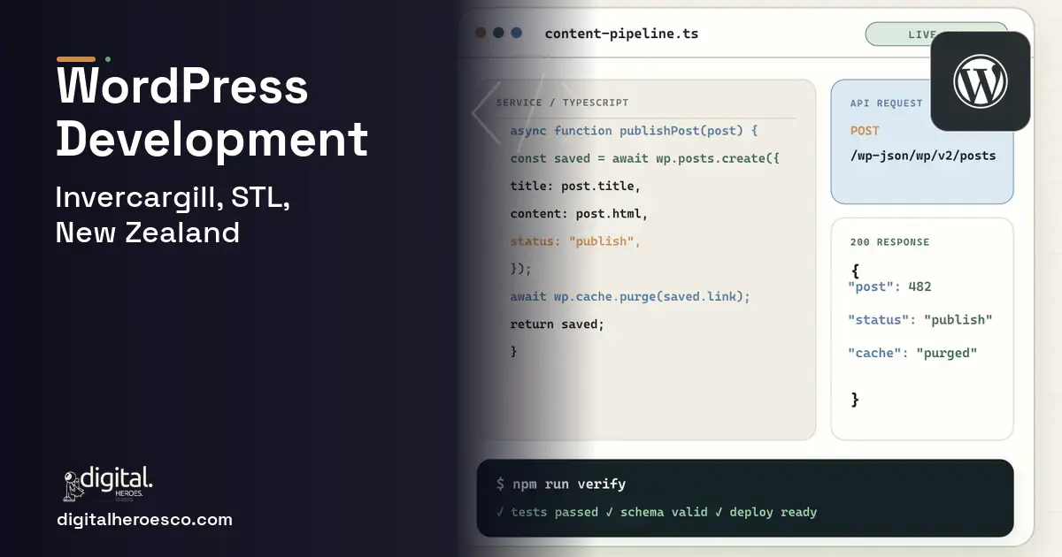 WordPress Development code editor and API illustration for Invercargill, STL, New Zealand.