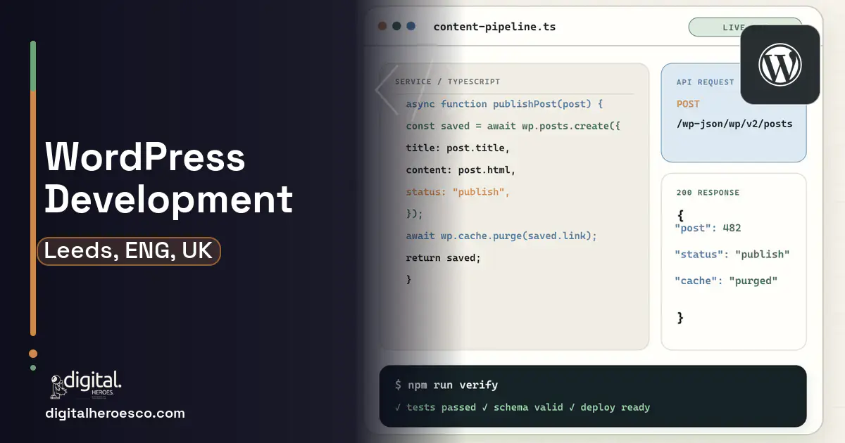 WordPress Development code editor and API illustration for Leeds, ENG, UK.