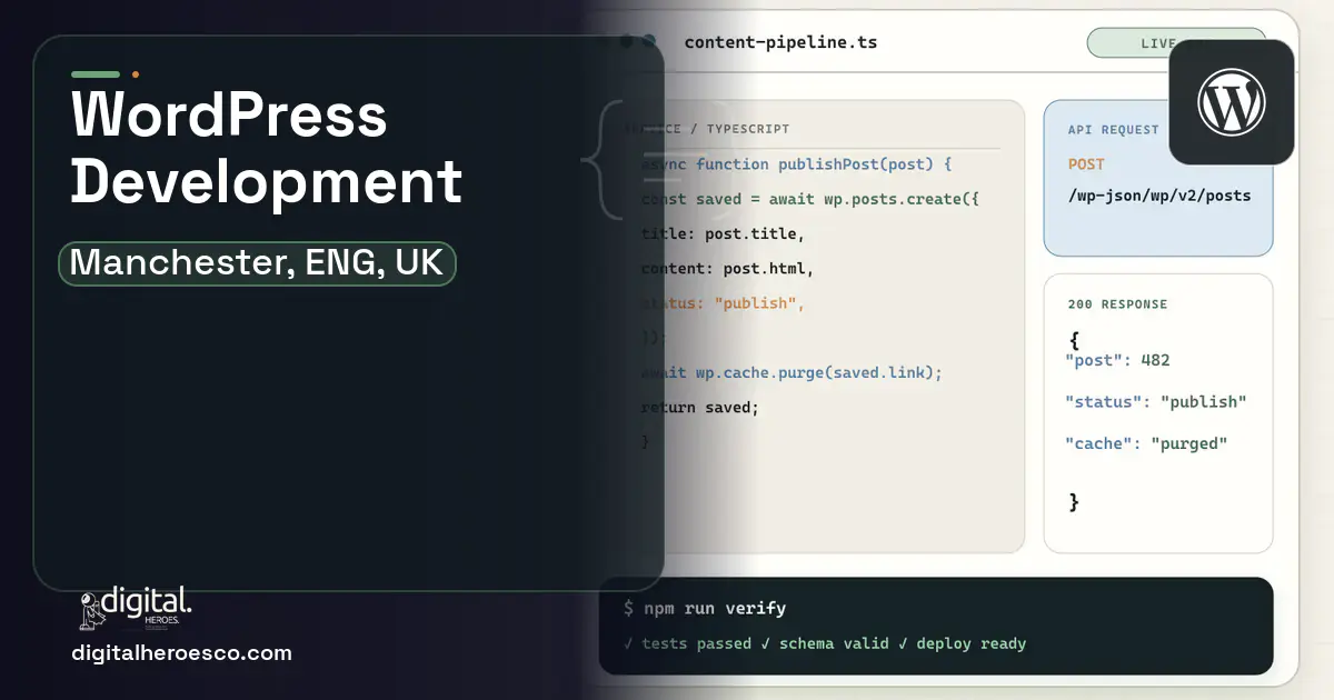 WordPress Development code editor and API illustration for Manchester, ENG, UK.