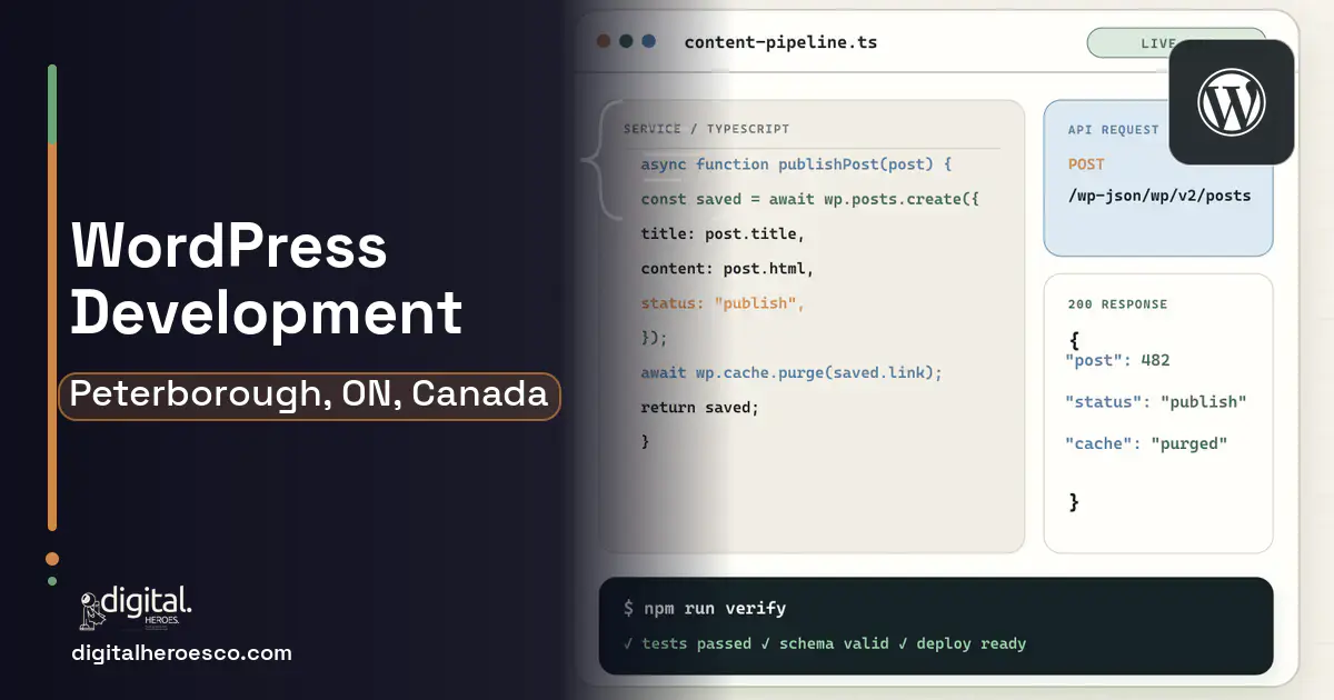 WordPress Development code editor and API illustration for Peterborough, ON, Canada.