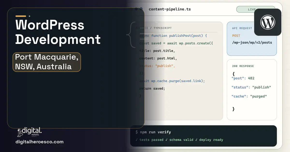 WordPress Development code editor and API illustration for Port Macquarie, NSW, Australia.