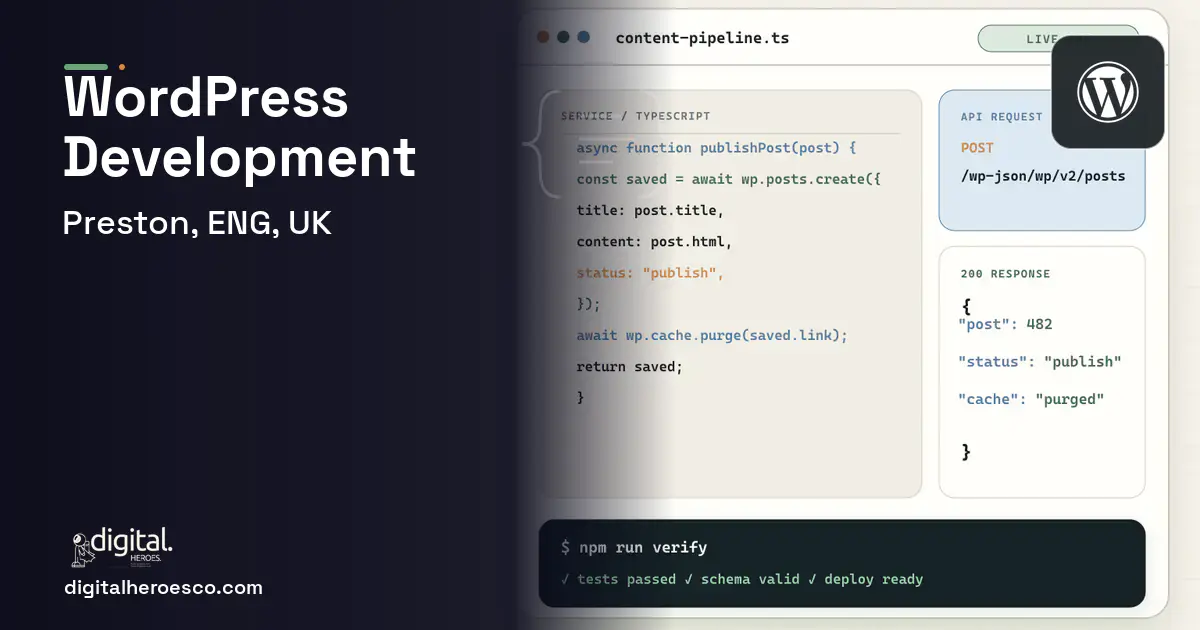 WordPress Development code editor and API illustration for Preston, ENG, UK.