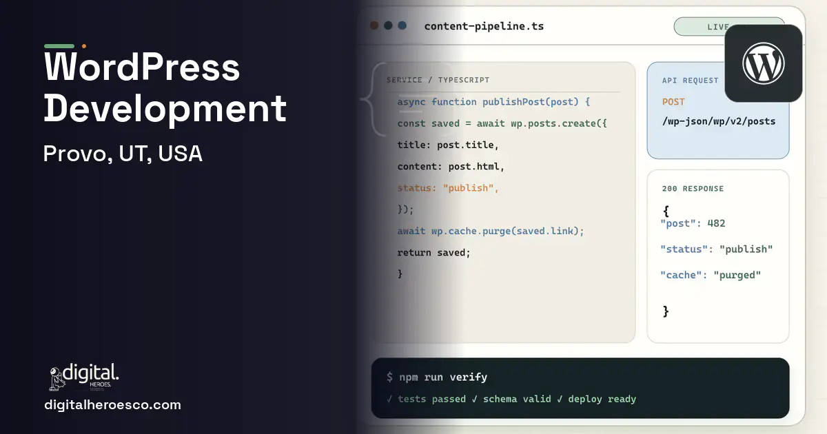 WordPress Development code editor and API illustration for Provo, UT, USA.