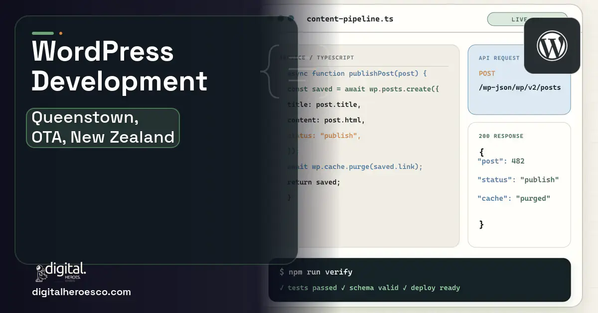 WordPress Development code editor and API illustration for Queenstown, OTA, New Zealand.