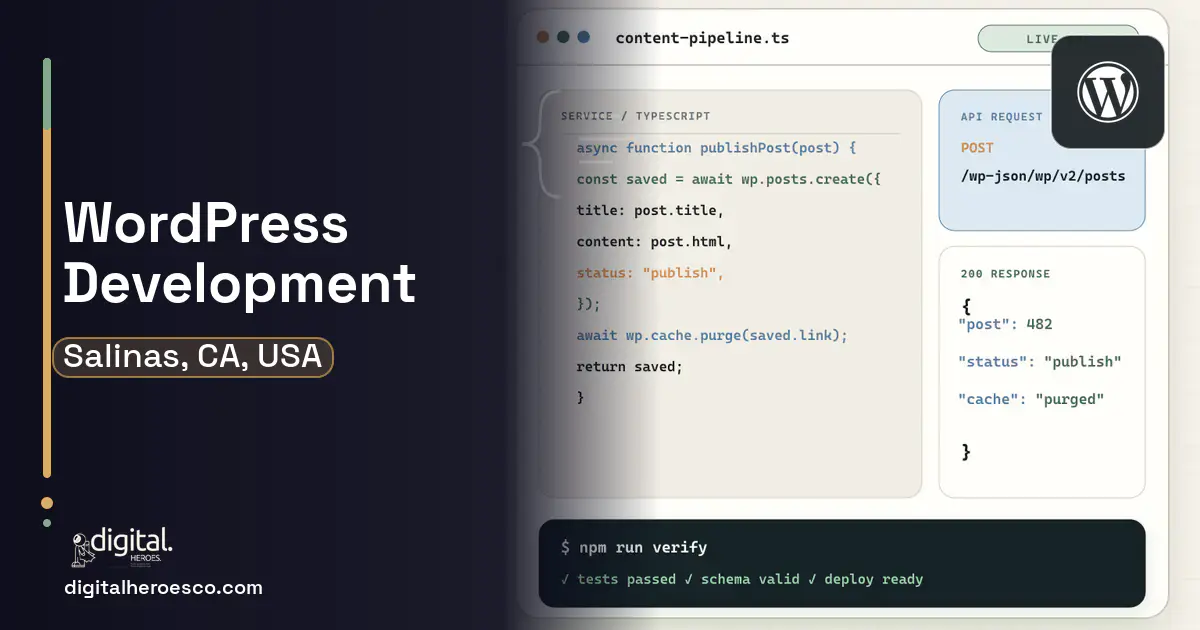 WordPress Development code editor and API illustration for Salinas, CA, USA.