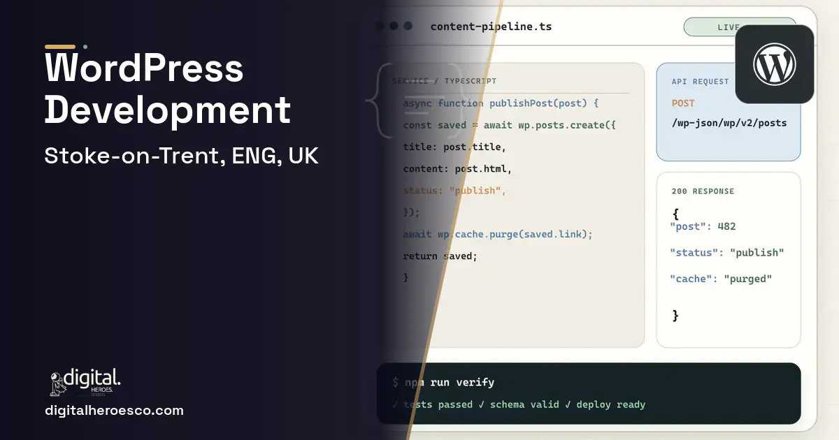 WordPress Development code editor and API illustration for Stoke-on-Trent, ENG, UK.