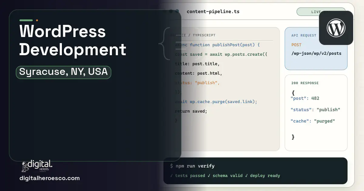 WordPress Development code editor and API illustration for Syracuse, NY, USA.