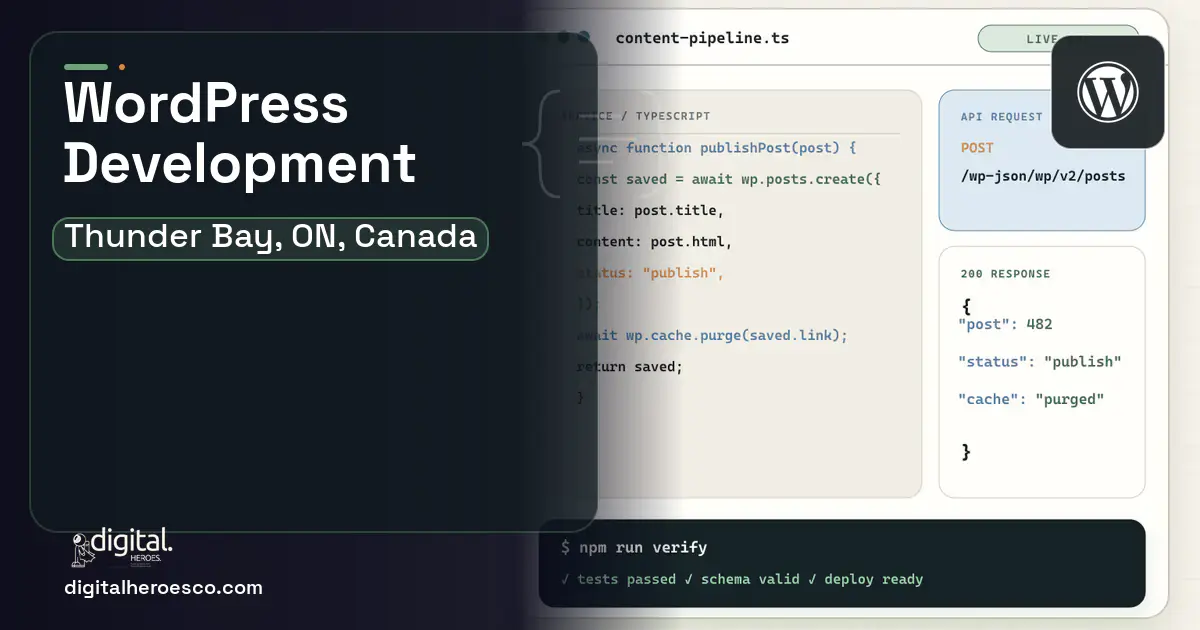 WordPress Development code editor and API illustration for Thunder Bay, ON, Canada.