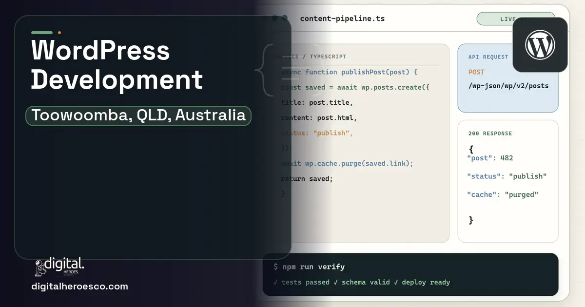 WordPress Development code editor and API illustration for Toowoomba, QLD, Australia.