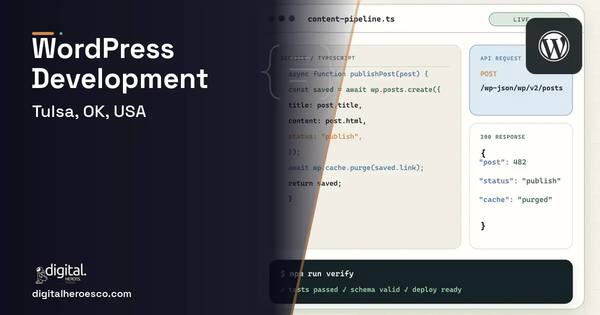 WordPress Development code editor and API illustration for Tulsa, OK, USA.