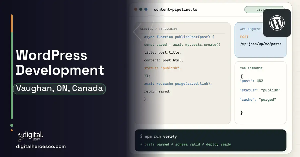 WordPress Development code editor and API illustration for Vaughan, ON, Canada.