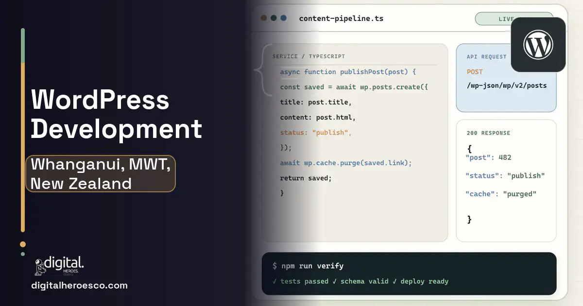 WordPress Development code editor and API illustration for Whanganui, MWT, New Zealand.