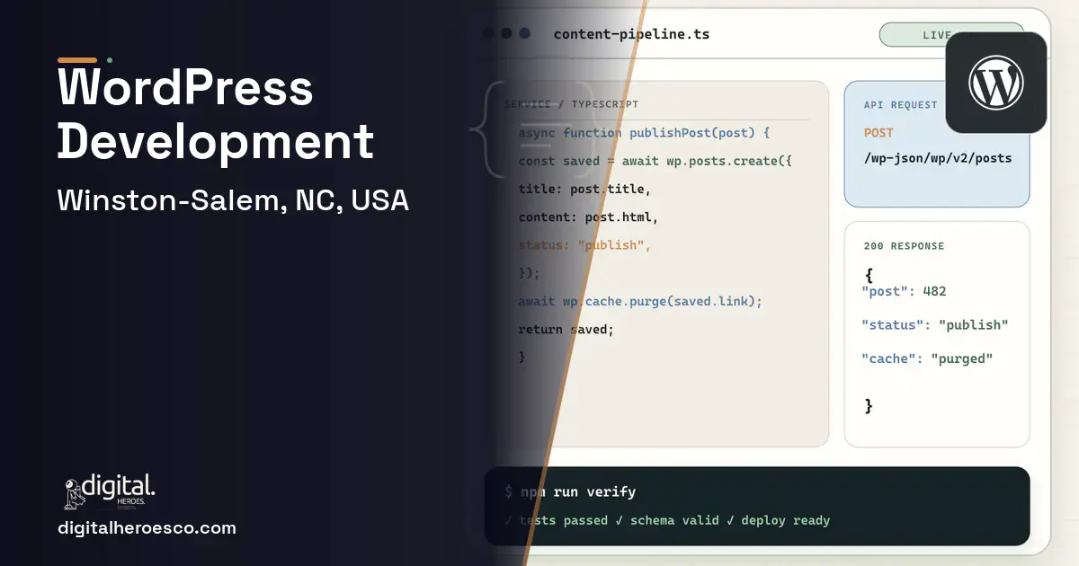 WordPress Development code editor and API illustration for Winston-Salem, NC, USA.