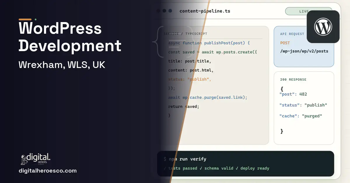 WordPress Development code editor and API illustration for Wrexham, WLS, UK.
